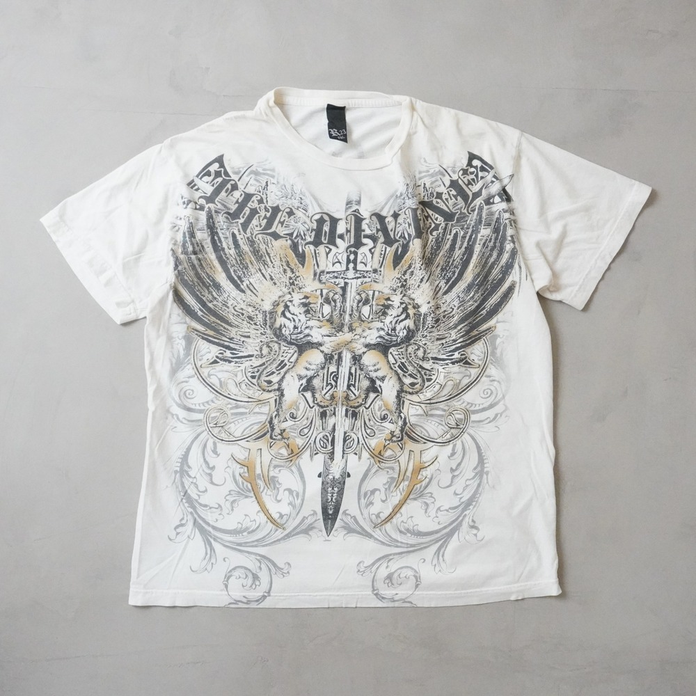 Vintage Y2K R23 F&L Graphic T-Shirt Large Mens White Y2K Gothic Sword Lion MMA